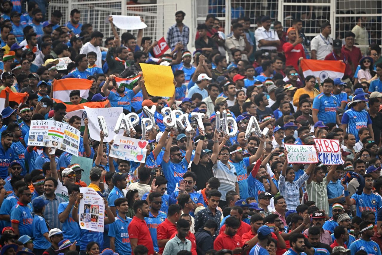 Spectators at Eden Gardens with placards wishing Virat Kohli on his 35th birthday, India vs South Africa, Men's ODI World Cup, November 5, 2023