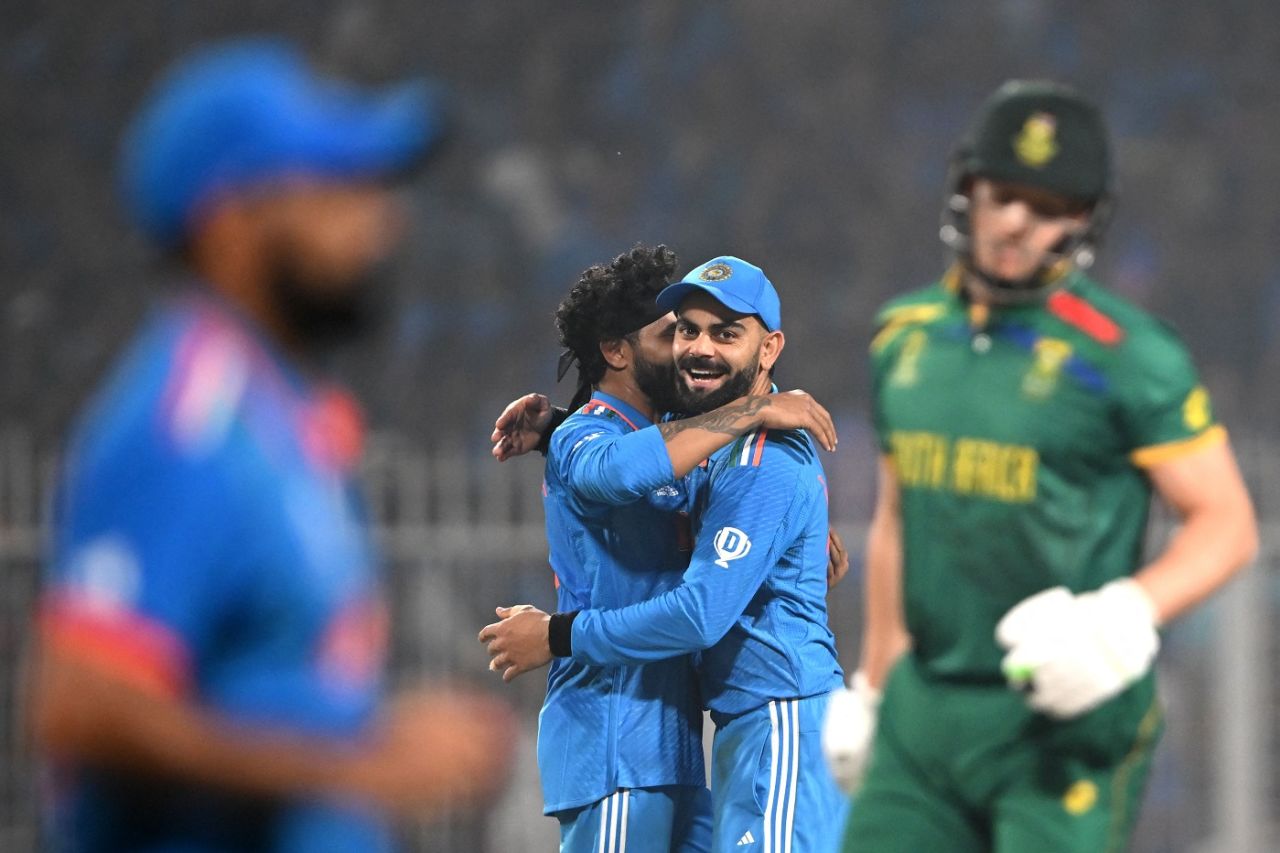 Virat Kohli and Ravindra Jadeja - the two stars in Kolkata on Sunday - share an embrace, India vs South Africa, Men's ODI World Cup, November 5, 2023