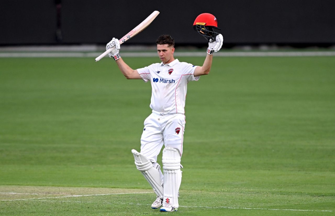 Henry Hunt celebrates reaching his century, Queensland vs South Australia, Sheffield Shield, Brisbane, November 6, 2023