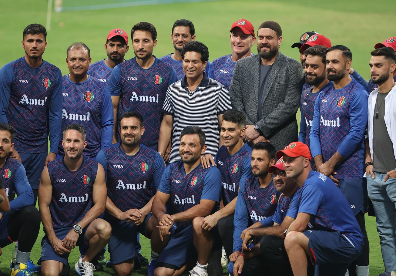 Sachin Tendulkar catches up with Afghanistan's players and staff at the Wankhede Stadium, Mumbai, November 6, 2023