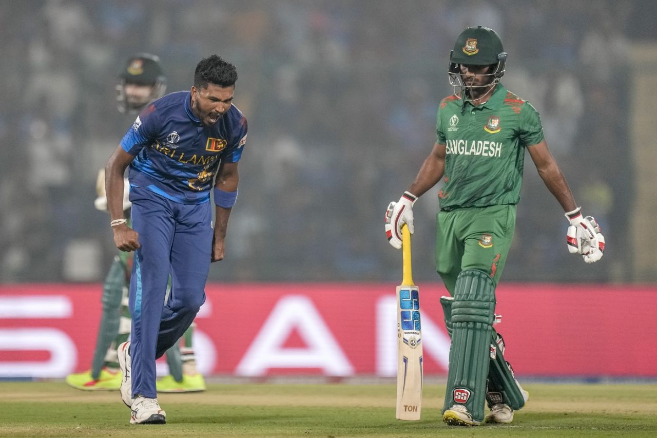 Dilshan Madushanka celebrates after dismissing Tanzid Hasan, Bangladesh vs Sri Lanka, Men's ODI World Cup, November 6, 2023