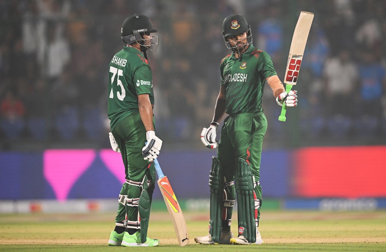 Najmul Hossain Shanto celebrates his half-century, Bangladesh vs Sri Lanka, Men's ODI World Cup, November 6, 2023