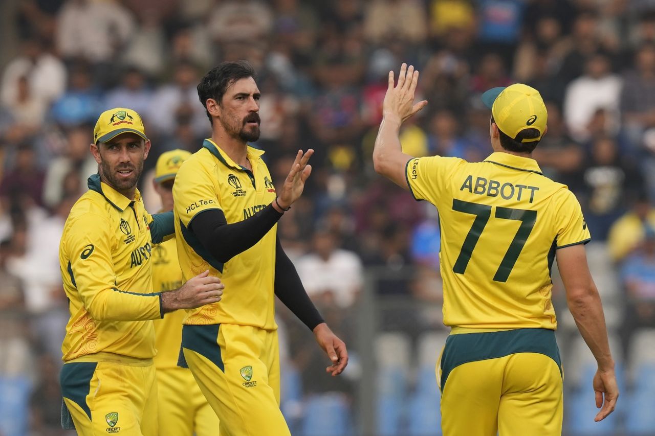 Mitchell Starc celebrates after castling Hashmatullah Shahidi, Afghanistan vs Australia, World Cup 2023, Mumbai, November 7, 2023