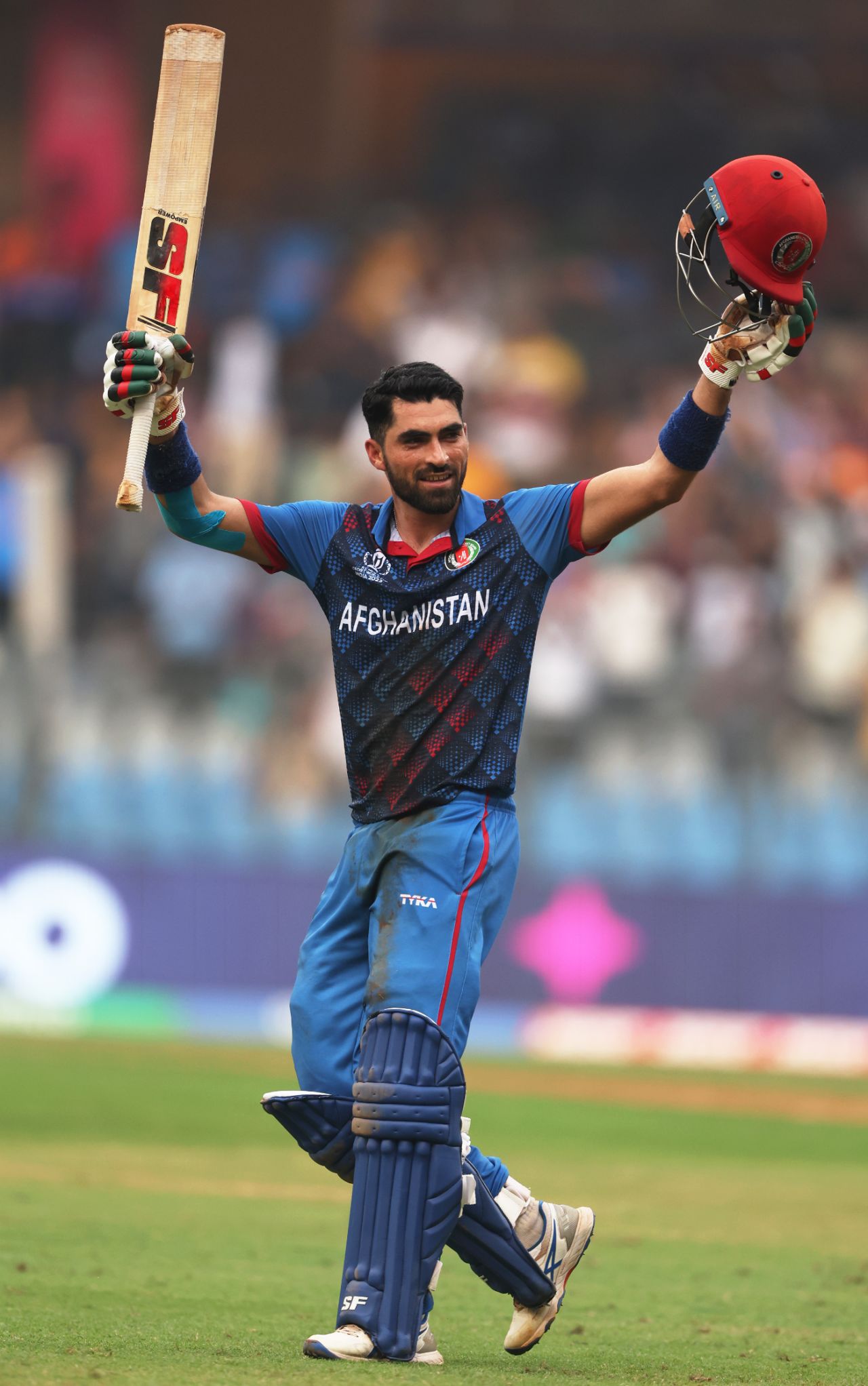 Ibrahim Zadran celebrates a 131-ball World Cup century, Afghanistan vs Australia, World Cup 2023, Mumbai, November 7, 2023