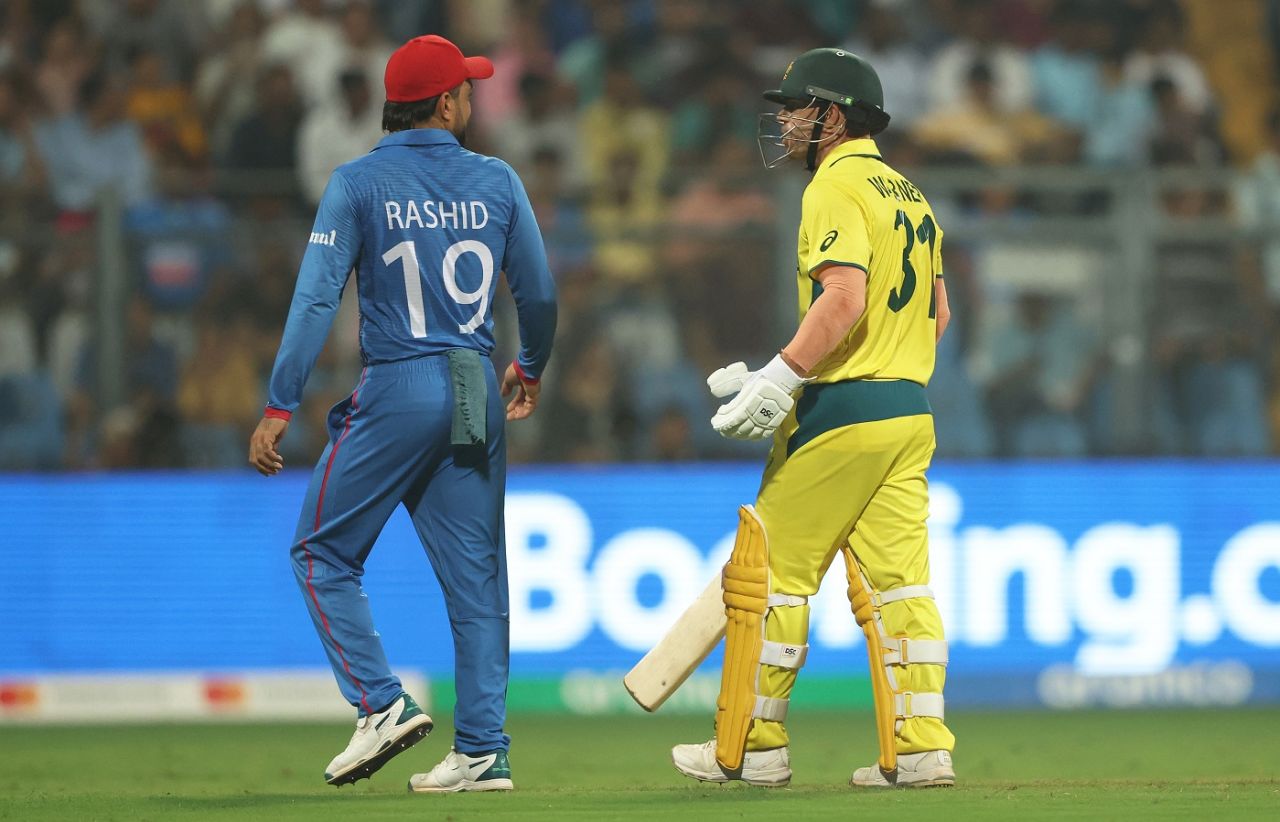 Serious or joking? It was tough to decipher whether David Warner's chat with Rashid Khan was jovial or not Afghanistan vs Australia, World Cup 2023, Mumbai, November 7, 2023
