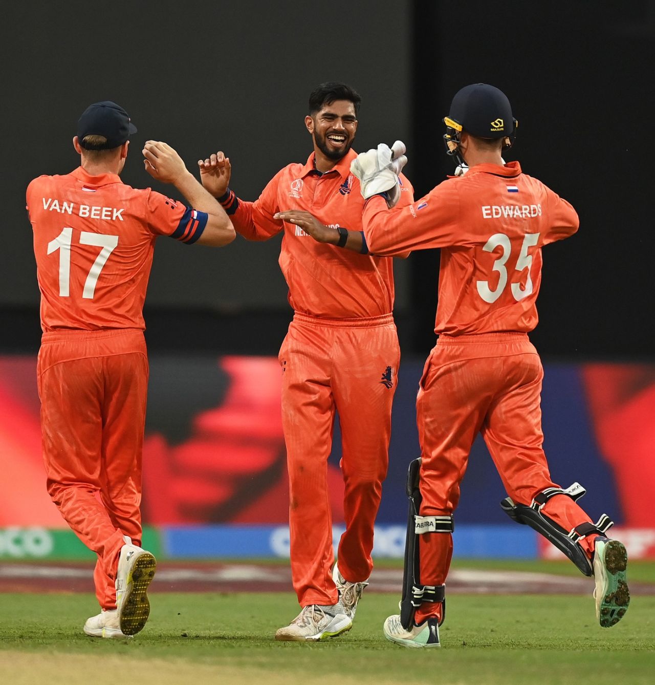 Aryan Dutt celebrates a wicket, England vs Netherlands, Men's ODI World Cup, Pune, November 8, 2023