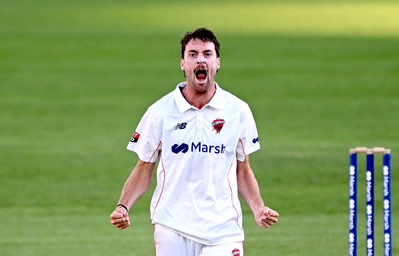 Jordan Buckingham celebrates during an epic finish, Queensland vs South Australia, Sheffield Shield, Gabba, November 9, 2023