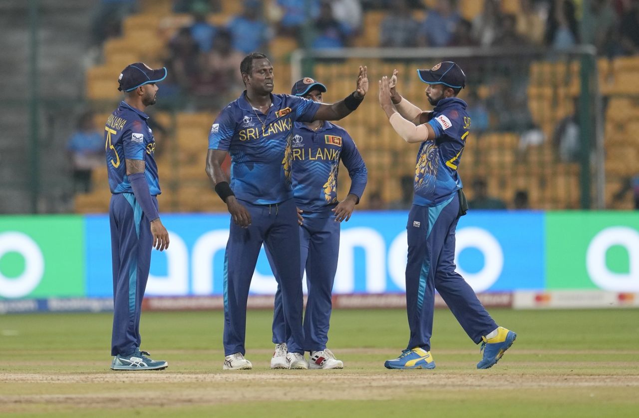 Angelo Mathews celebrates the dismissal of Kane Williamson, New Zealand vs Sri Lanka, World Cup 2023, Bengaluru, November 9, 2023