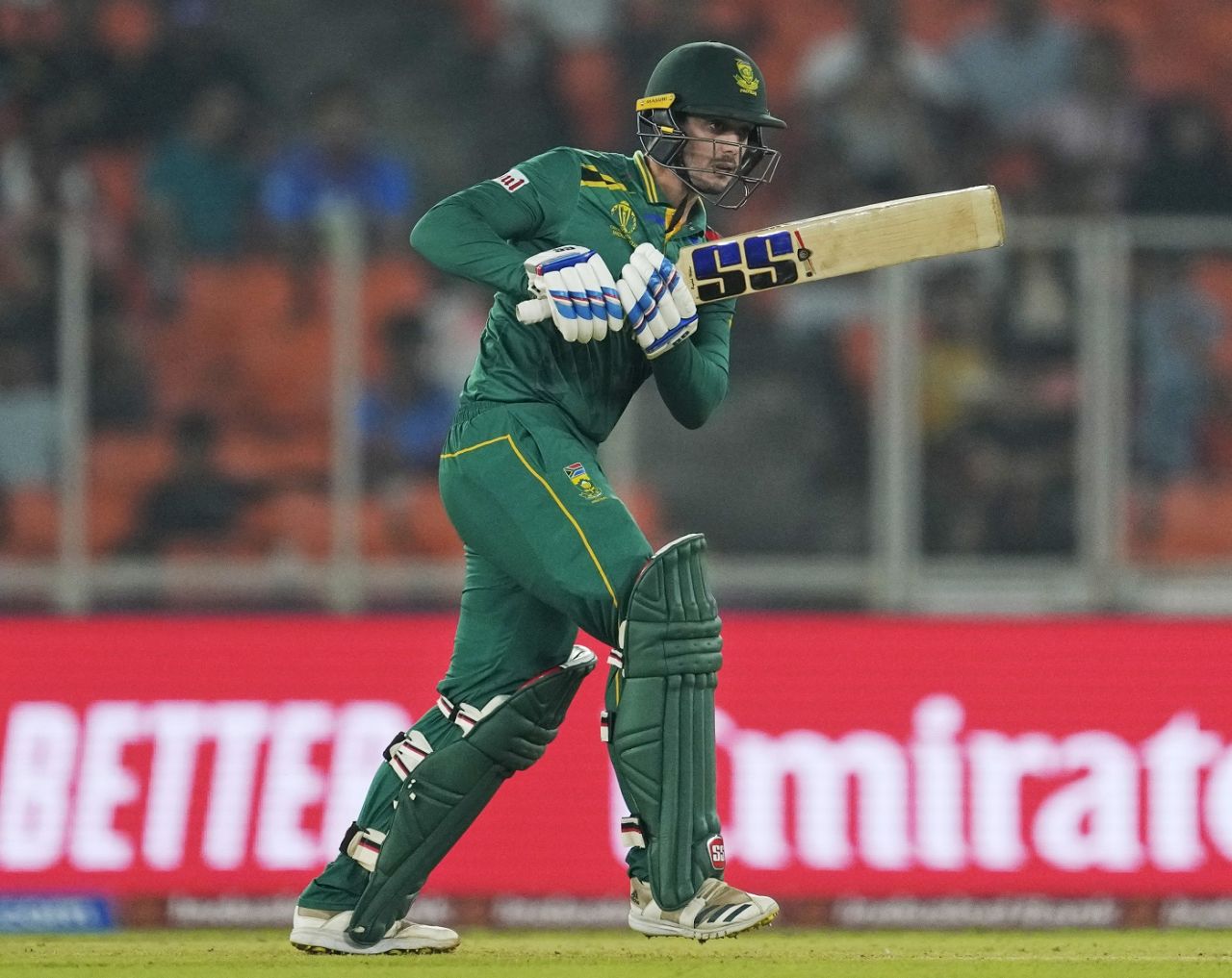 Quinton de Kock struggled to break free at the start of the innings, World Cup, Ahmedabad, November 10, 2023
