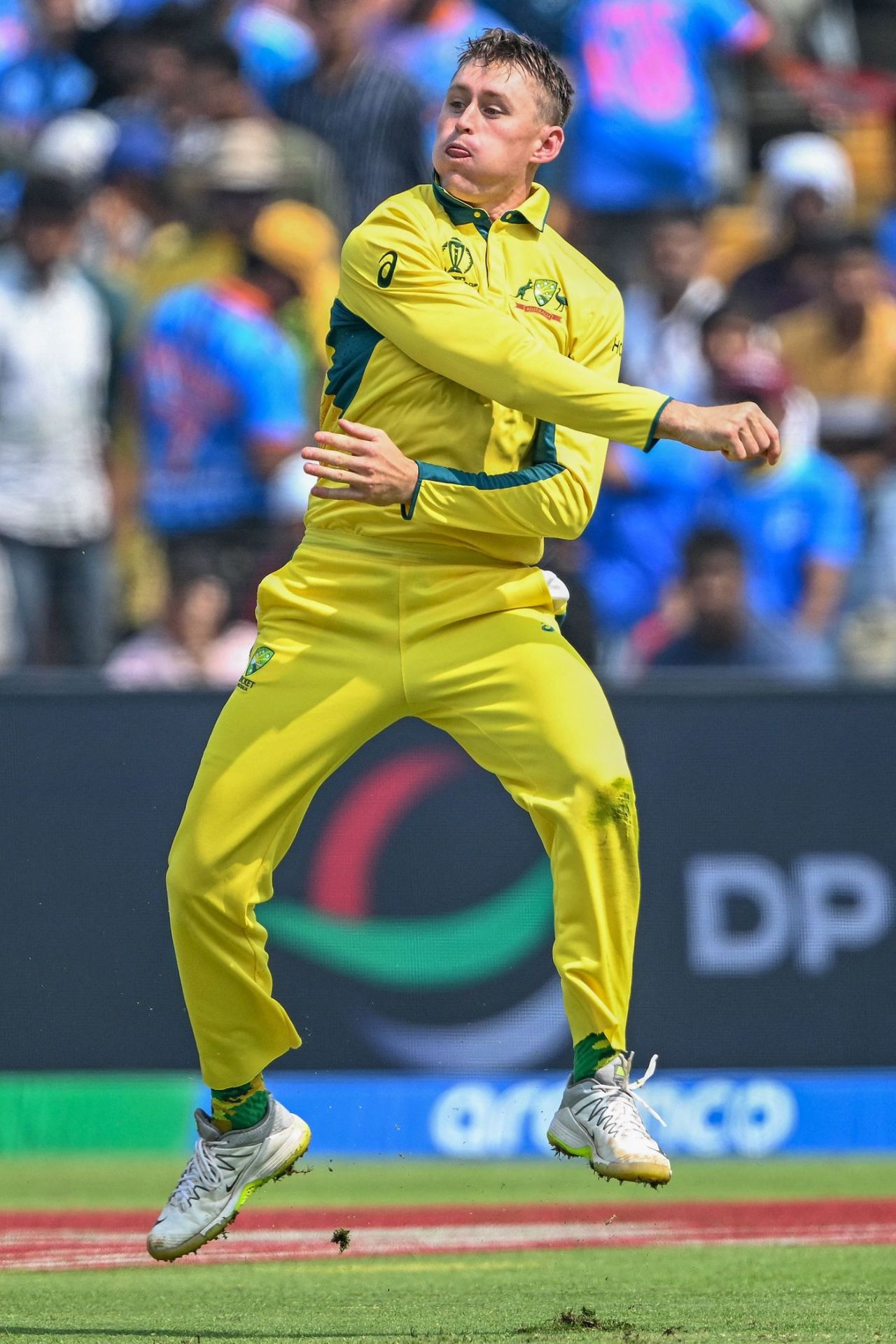 A fantastic bit of fielding and a well-aimed throw from Marnus Labuschagne accounted for Najmul Hossain Shanto, Australia vs Bangladesh, World Cup, Pune, November 11, 2023