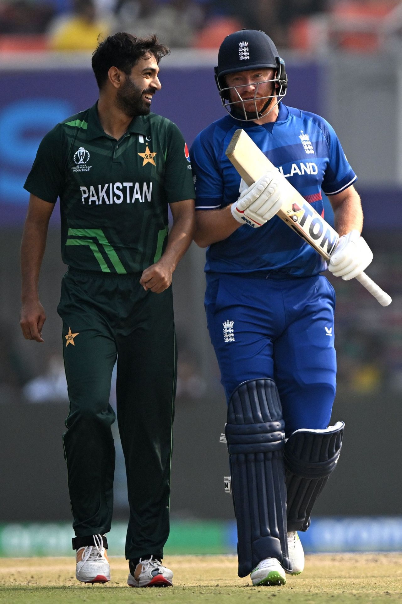 Haris Rauf and Jonny Bairstow share a laugh, England vs Pakistan, Men's ODI World Cup, Kolkata, November 11, 2023