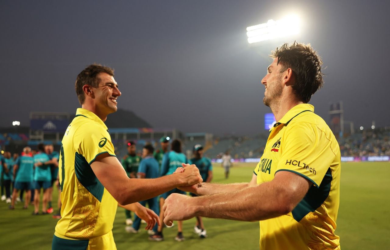 Pat Cummins and Mitchell Marsh celebrate after the win, Australia vs Bangladesh, Men's ODI World Cup, Pune, November 11, 2023
