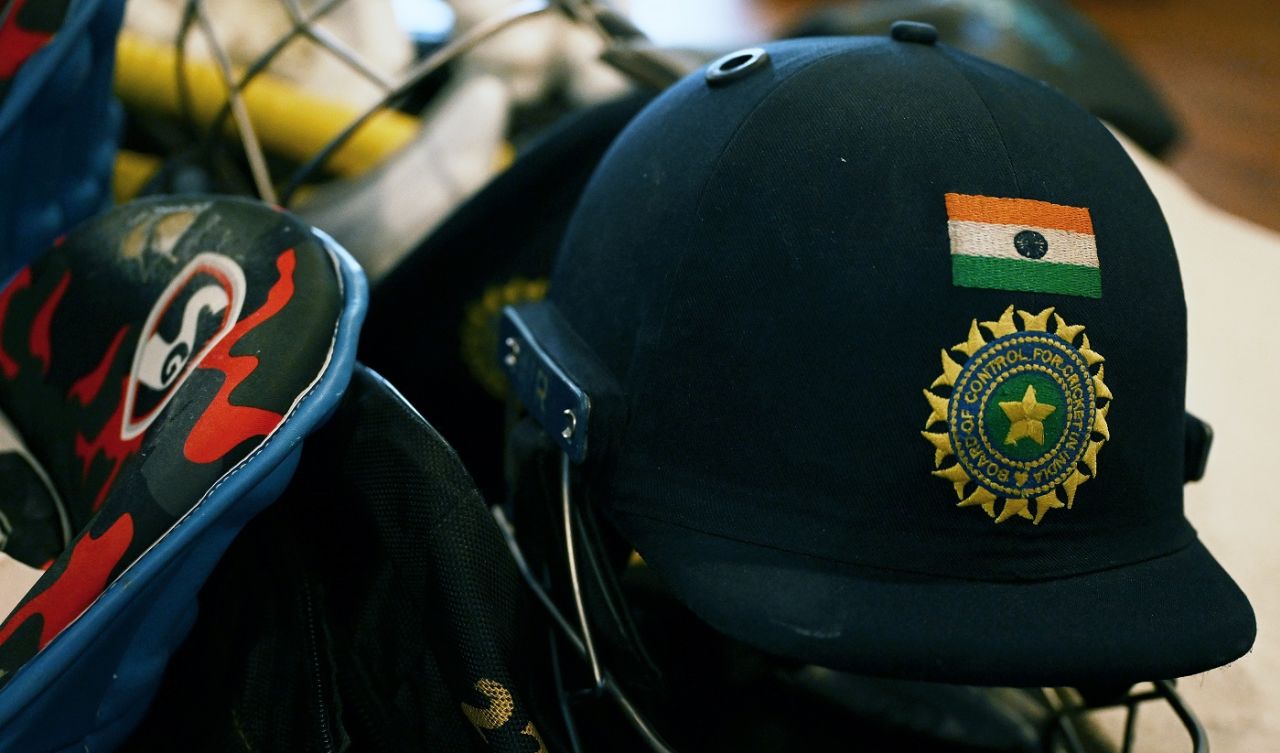 An India player's helmet in the dressing room, India vs Netherlands, Men's ODI World Cup, Bengaluru, November 12, 2023