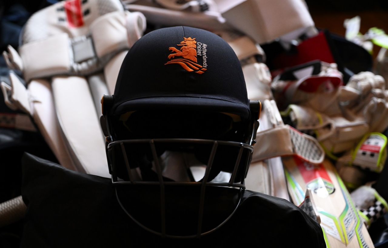 A Netherlands player's helmet in the dressing room, India vs Netherlands, Men's ODI World Cup, Bengaluru, November 12, 2023
