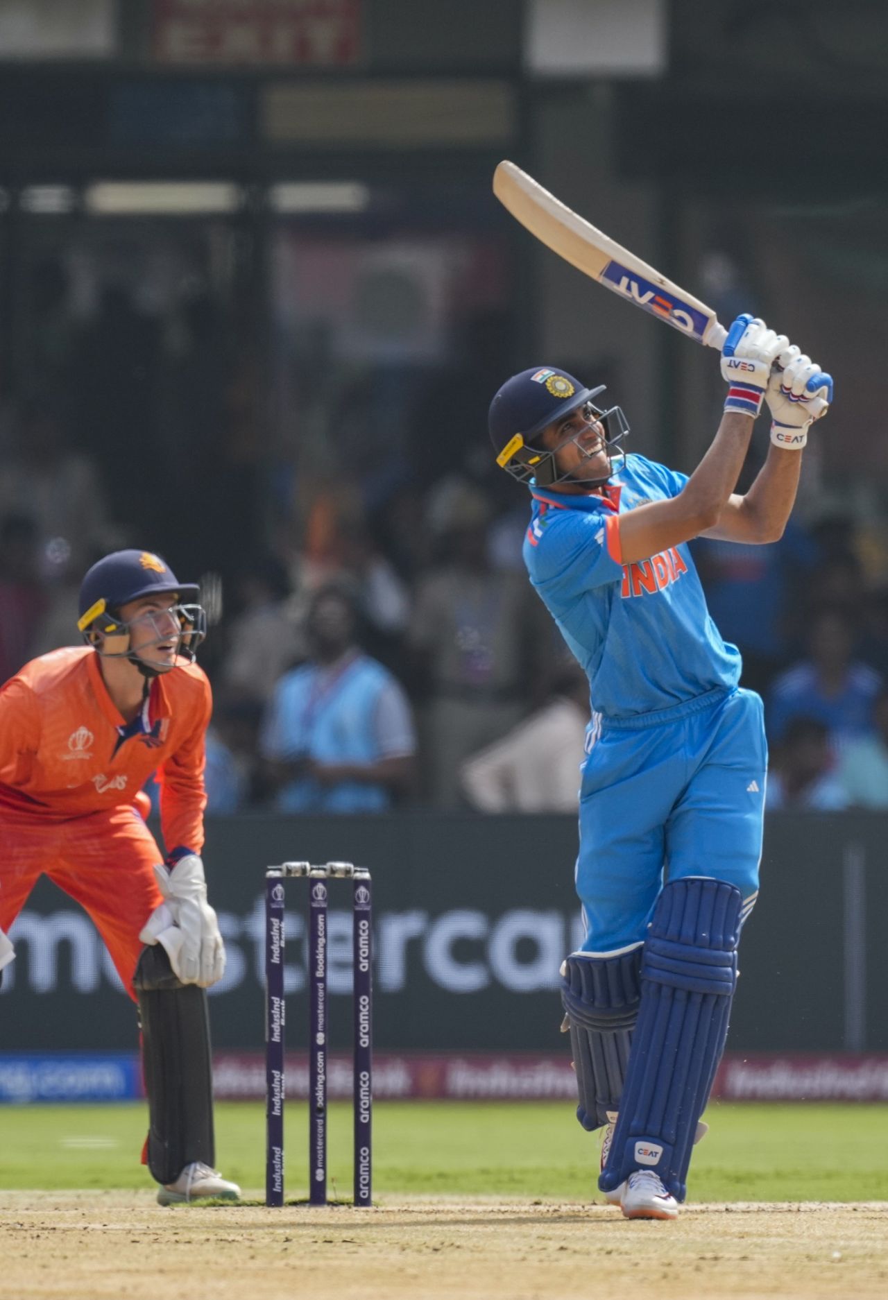Shubman Gill hammers a six over midwicket, India vs Netherlands, Men's ODI World Cup, Bengaluru, November 12, 2023