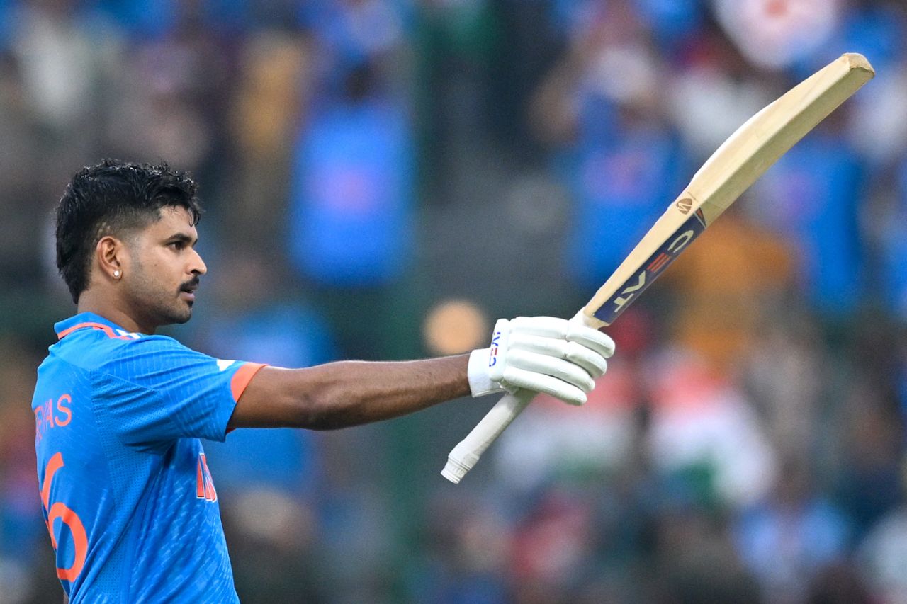 Shreyas Iyer celebrates his first ODI World Cup century, India vs Netherlands, Men's ODI World Cup, Bengaluru, November 12, 2023
