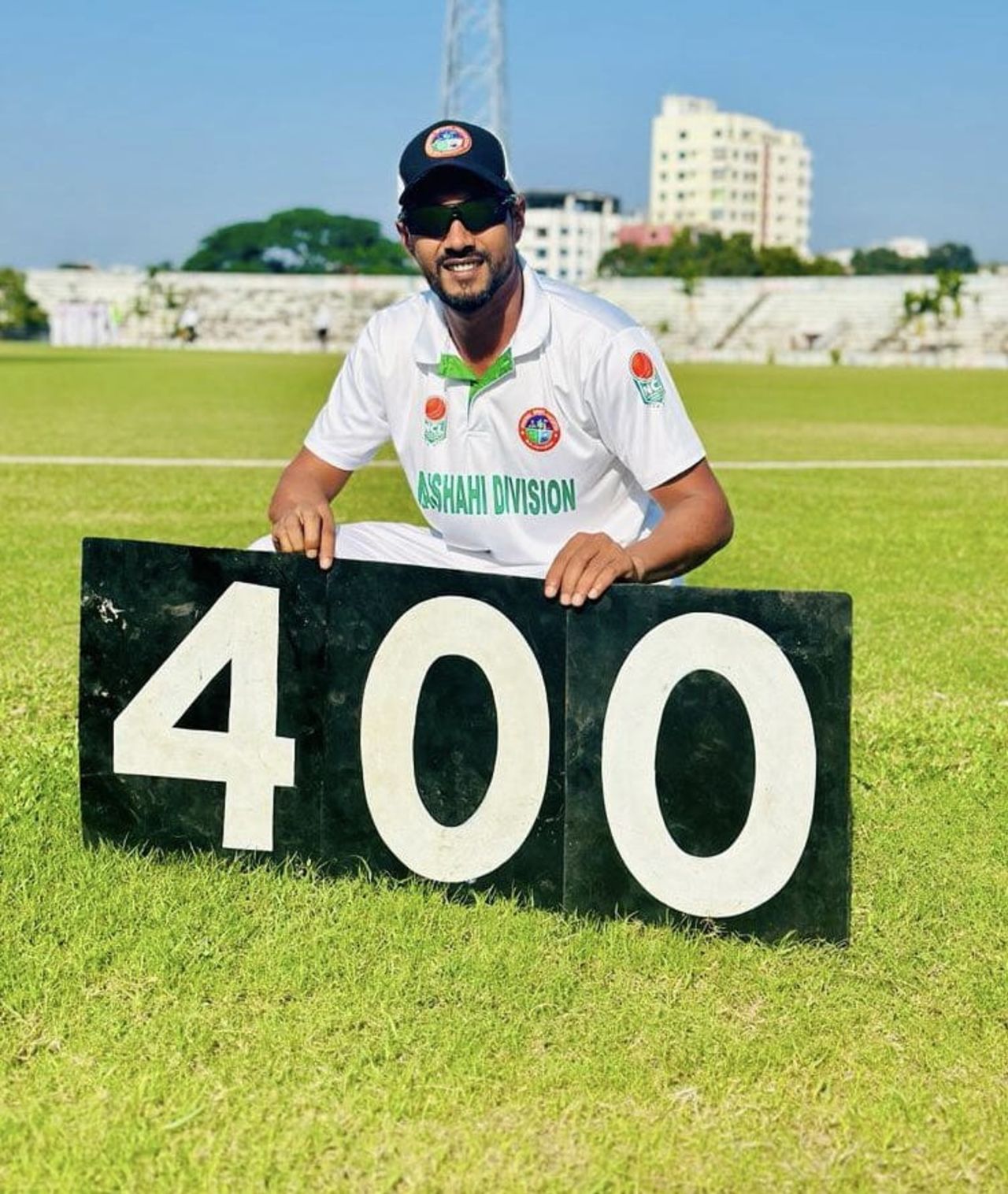 Rajshahi left-arm spinner Sunzamul Islam celebrates after completing 400 wickets in first-class cricket, Barishal Division vs Rajshahi Division, National Cricket League, Bogra, November 11, 2023