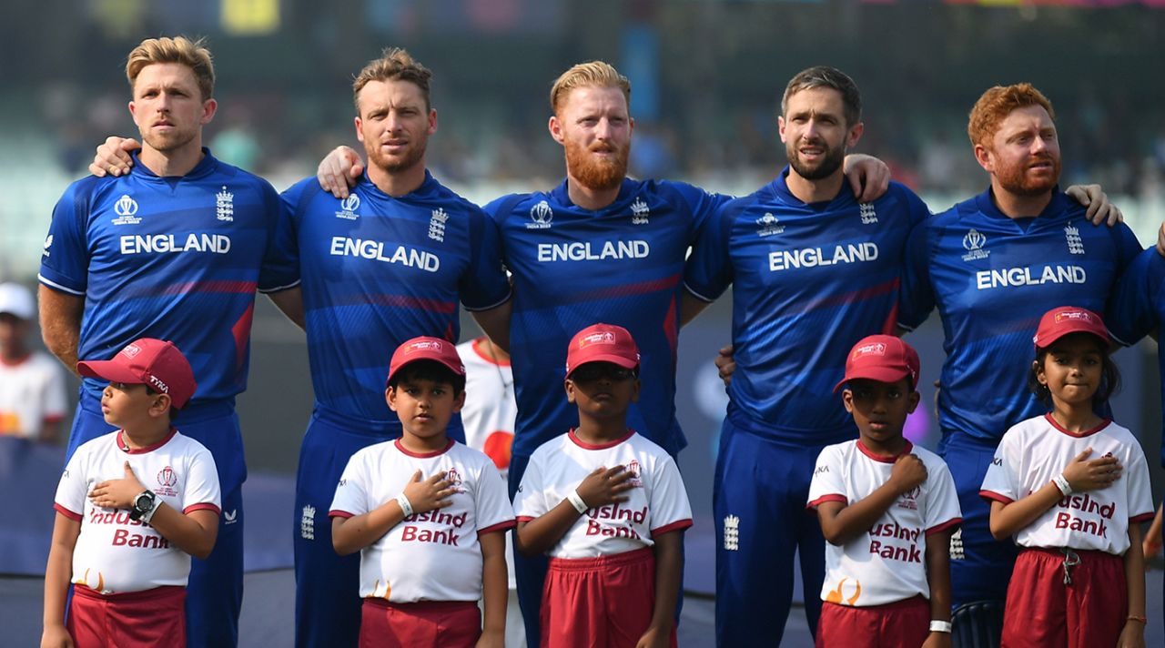 David Willey, Jos Buttler, Ben Stokes, Chris Woakes and Jonny Bairstow line up for the national anthems, England vs Pakistan, Men's ODI World Cup, Kolkata, November 11, 2023