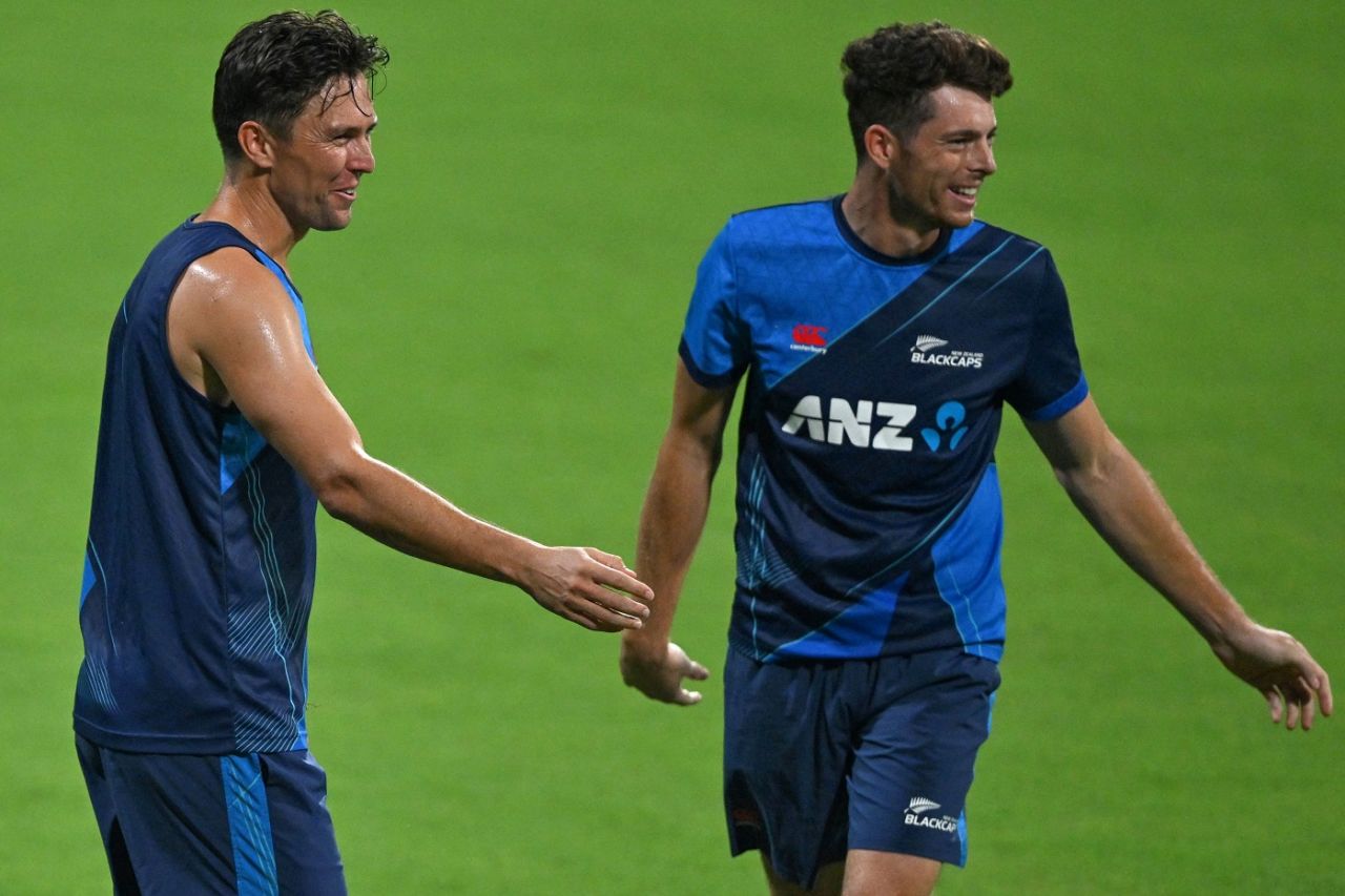 Trent Boult and Mitchell Santner were in good spirits during New Zealand's training session, Mumbai, November 13, 2023