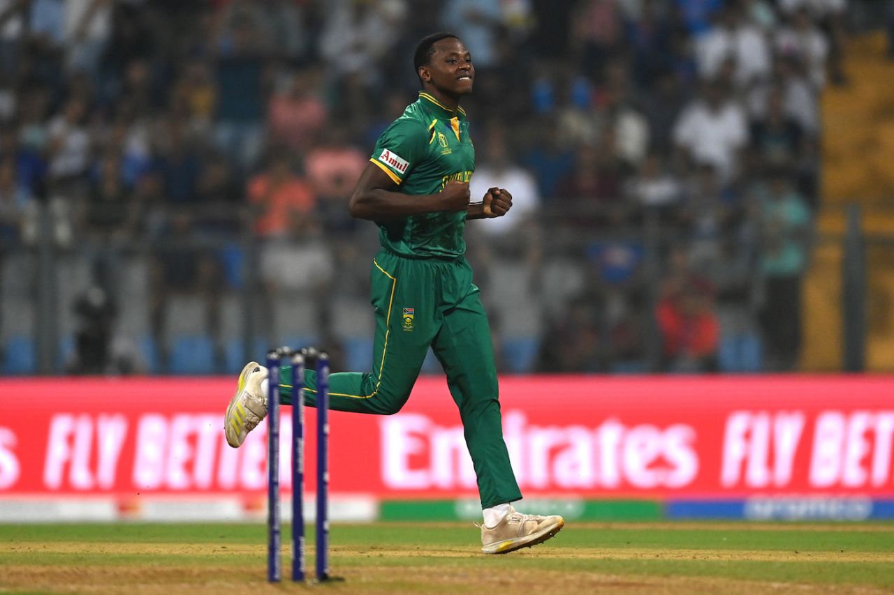 Kagiso Rabada celebrates the wicket of Ben Stokes, England vs South Africa, Men's World Cup 2023, Mumbai, October 21, 2023