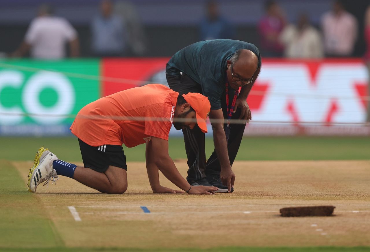 Rohit Sharma inspects the pitch ahead of India's semi-final, India vs New Zealand, World Cup 2023, 1st semi-final, November 14, 2023