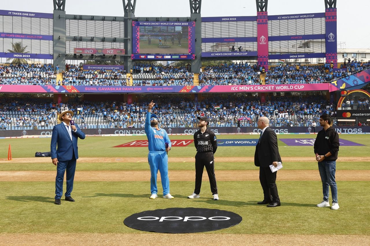 All eyes on the coin: Rohit Sharma and Kane Williamson at the toss, India vs New Zealand, World Cup semi-final, Mumbai, November 15, 2023