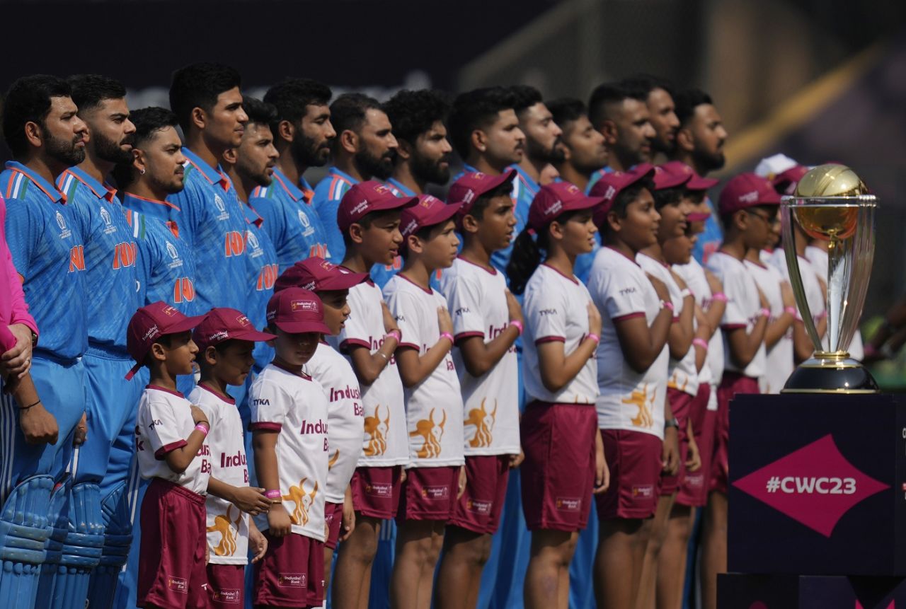 India line up for the national anthem, India vs New Zealand, ICC Men's World Cup 2023, 1st semi-final, Mumbai, November 15, 2023