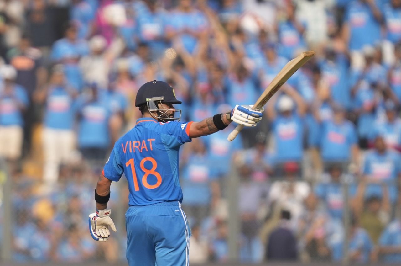 Virat Kohli hit his eighth fifty-plus score in 10 innings at the 2023 World Cup, India vs New Zealand, ICC Men's World Cup 2023, 1st semi-final, Mumbai, November 15, 2023