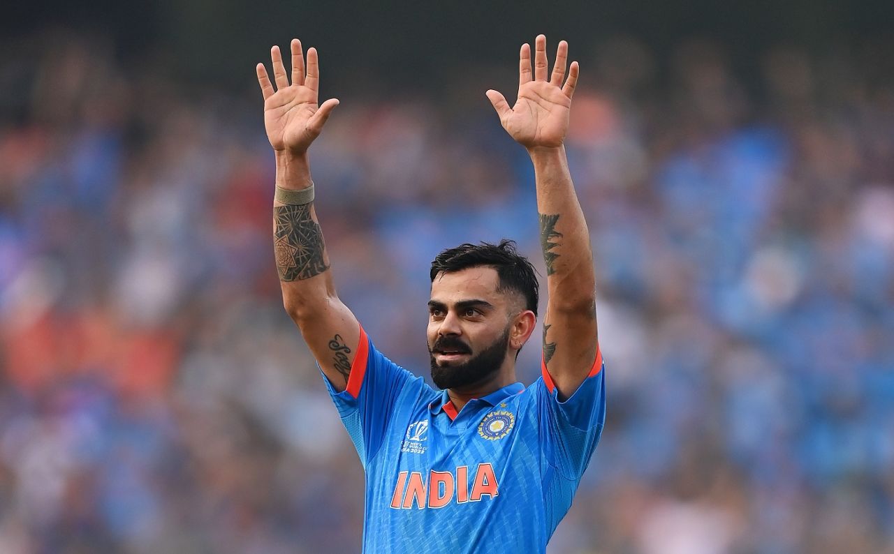 Virat Kohli bows down to Sachin Tendulkar after crossing his mark for most ODI tons, India vs New Zealand, ICC Men's World Cup 2023, 1st semi-final, Mumbai, November 15, 2023