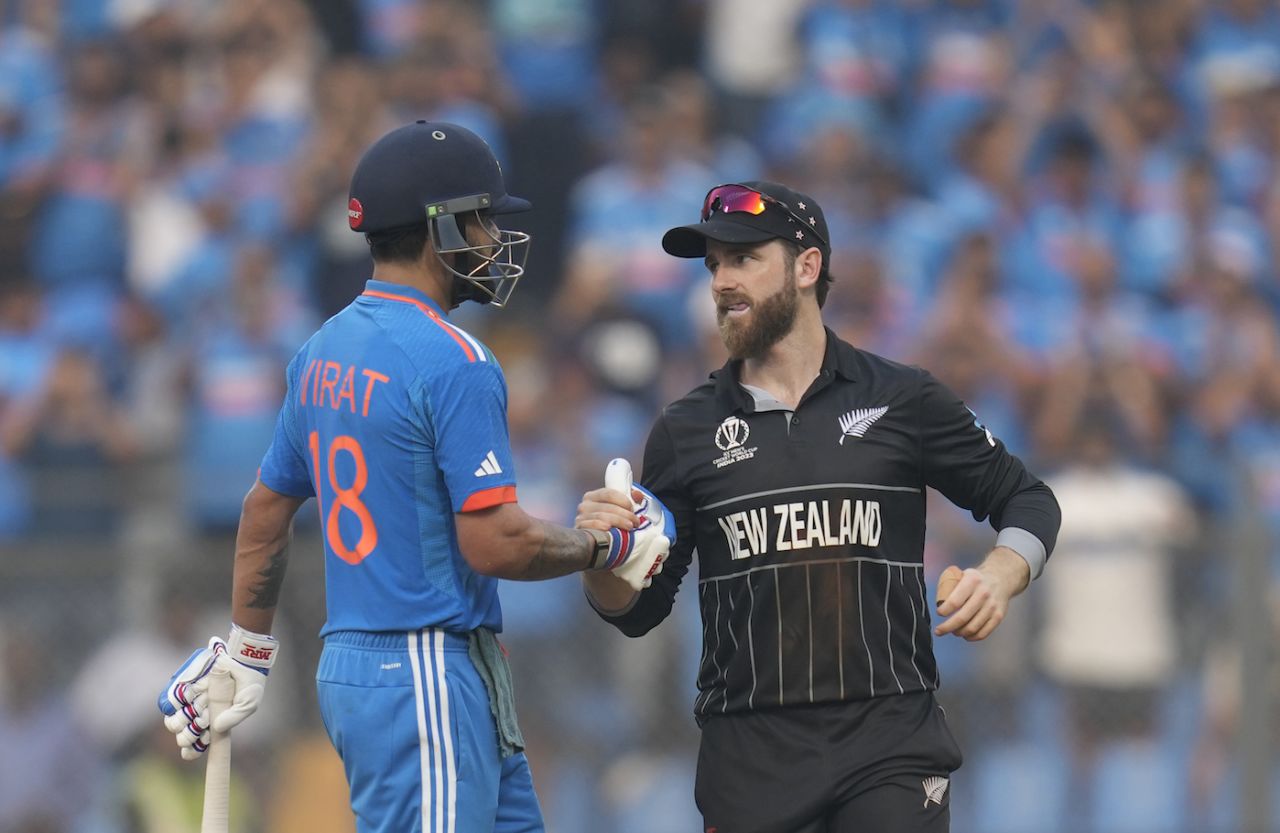 Kane Williamson greets Virat Kohli after he was dismissed, India vs New Zealand, ICC men's World Cup 2023, 1st semi-final, Mumbai, November 15, 2023