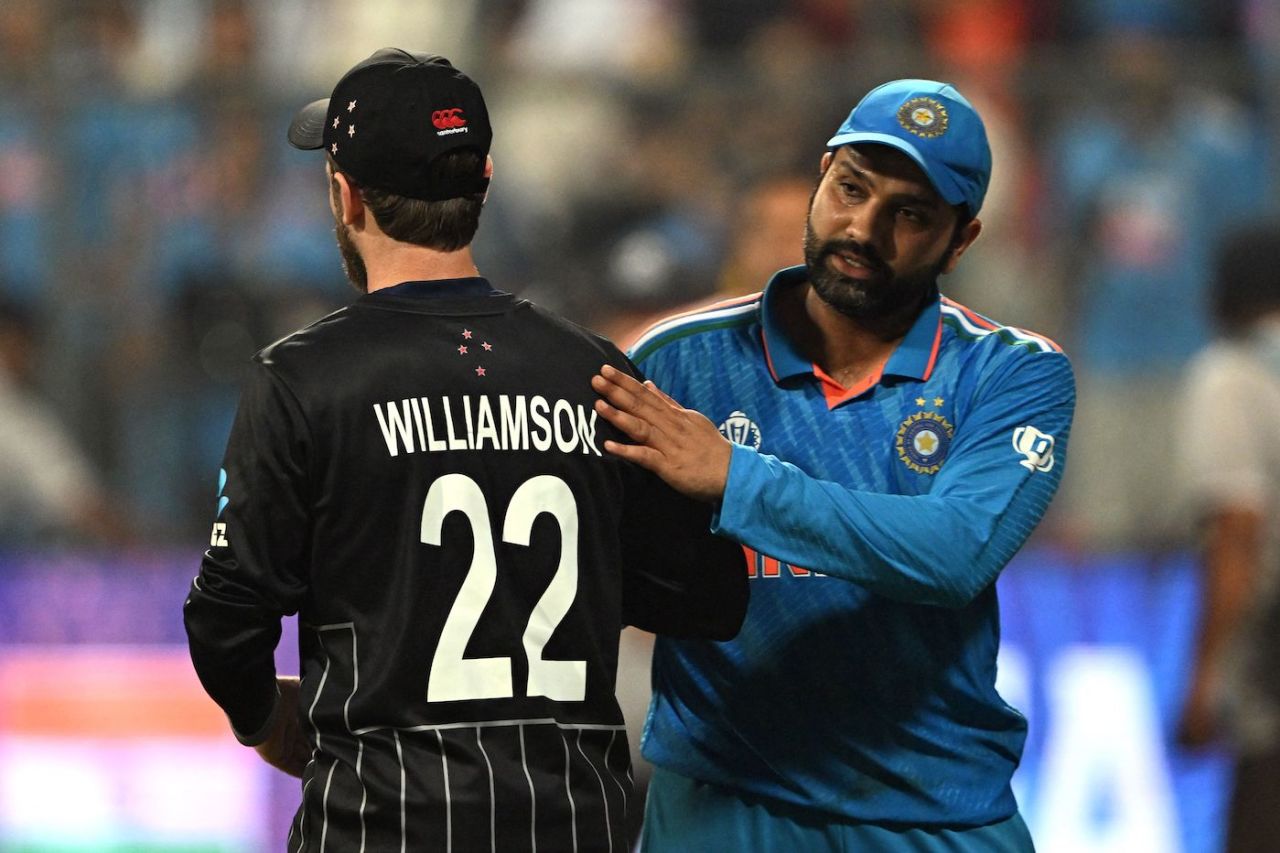 The victor and the vanquished - Rohit Sharma and Kane Williamson greet each other after the game, India vs New Zealand, ICC men's World Cup 2023, 1st semi-final, Mumbai, November 15, 2023