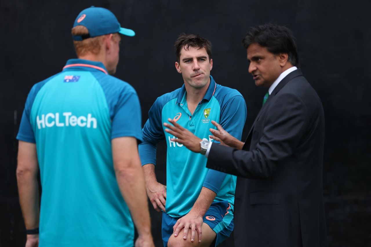 Pat Cummins and Andrew McDonald have a word with match referee Javagal Srinath, Australia vs South Africa, Men's ODI World Cup, 2nd semi-final, Kolkata, November 16, 2023