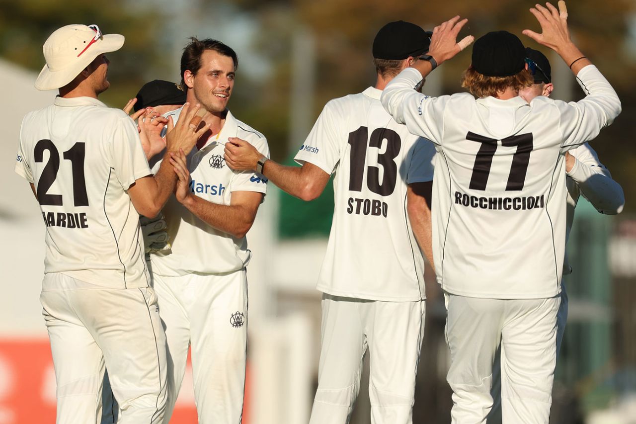 Lance Morris (second left) helped Western Australia make inroads, Western Australia vs South Australia, Sheffield Shield, WACA, November 16, 2023