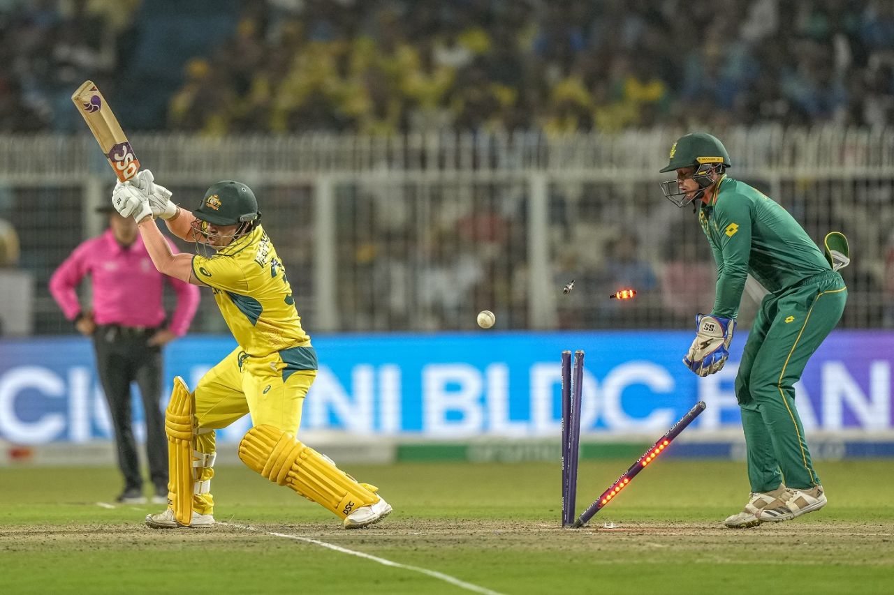 David Warner was bowled by Aiden Markra, Australia vs South Africa, Men's ODI World Cup, 2nd semi-final, Kolkata, November 16, 2023
