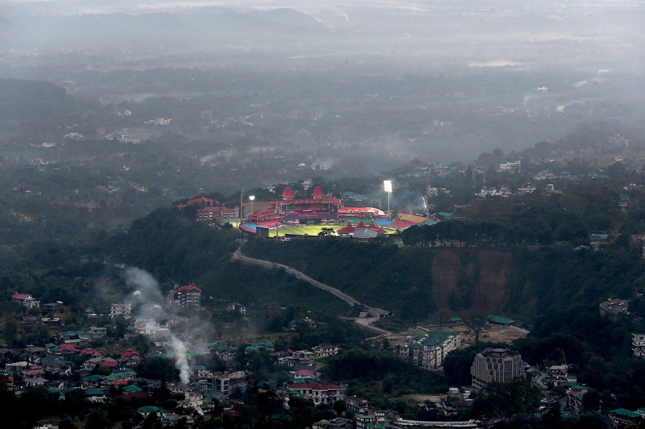 An aerial view of Dharamsala town and the HPCA Stadium, India vs New Zealand, Men's ODI World Cup, Dharamsala, October 21, 2023