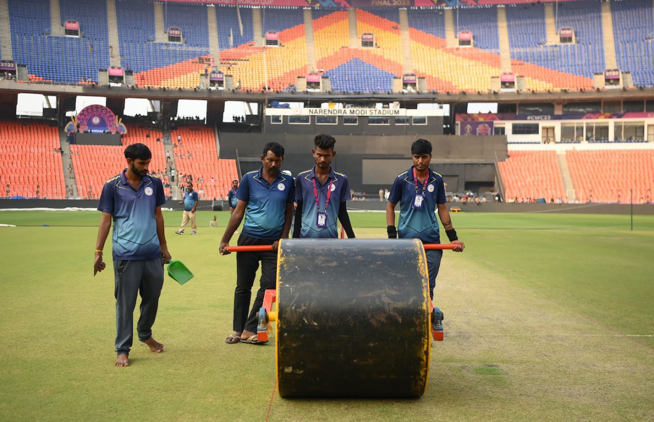 Groundstaff at the Narendra Modi Stadium put the roller to work ahead of the final, November 17, 2023 