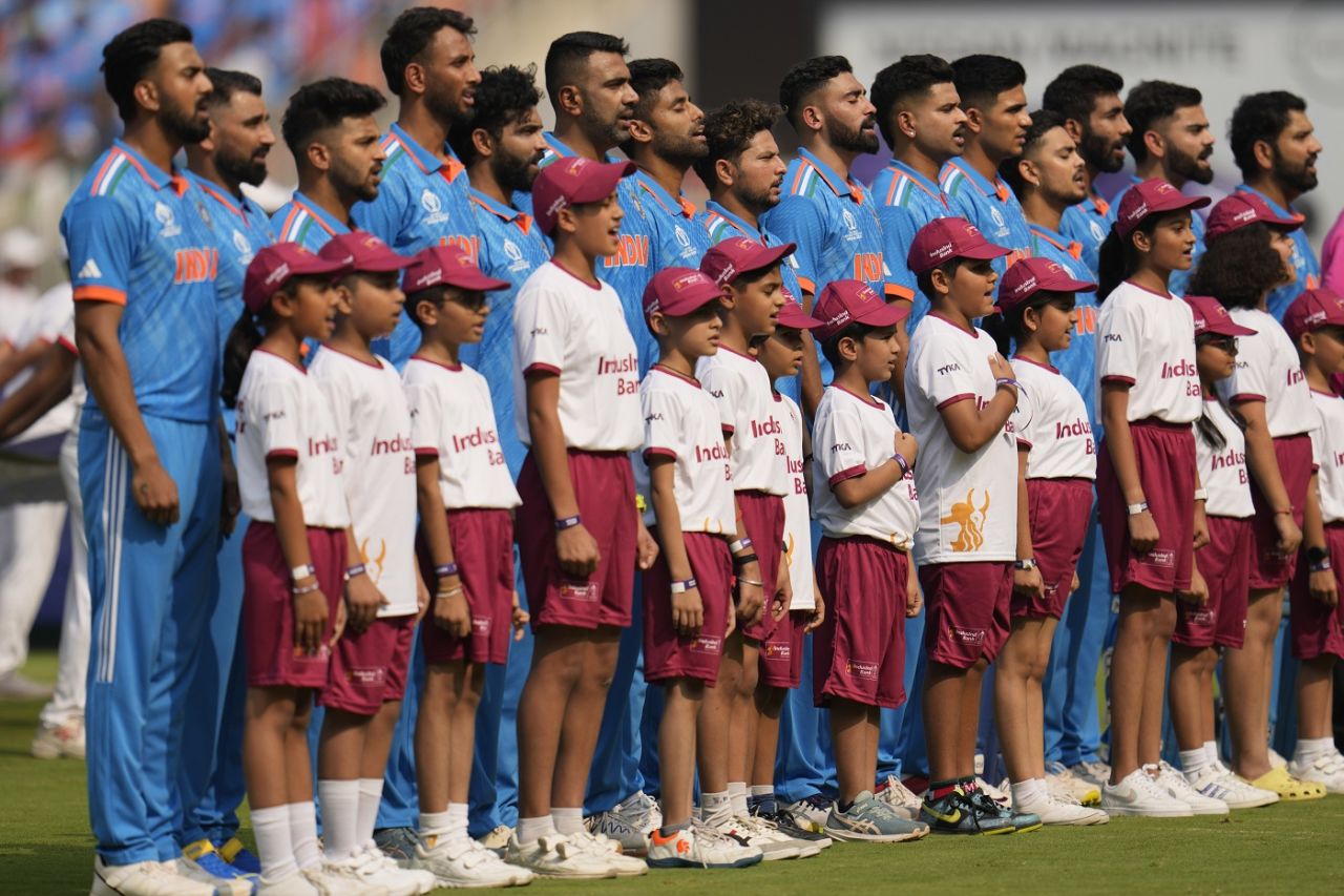 The Indian team lines up for the national anthem, India vs Australia, World Cup final, Ahmedabad, November 19, 2023
