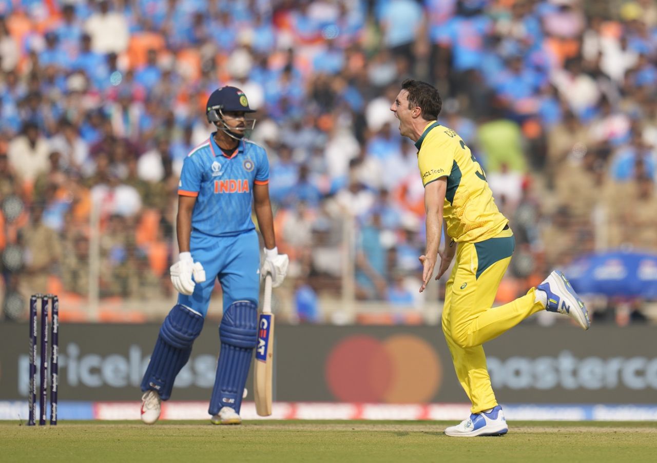 Pat Cummins wheels away in celebration after getting Shreyas Iyer, India vs Australia, World Cup final, Ahmedabad, November 19, 2023