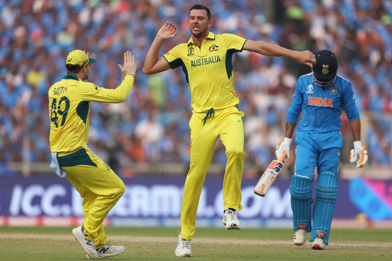 Josh Hazlewood is off after getting Ravindra Jadeja caught behind, India vs Australia, World Cup final, Ahmedabad, November 19, 2023