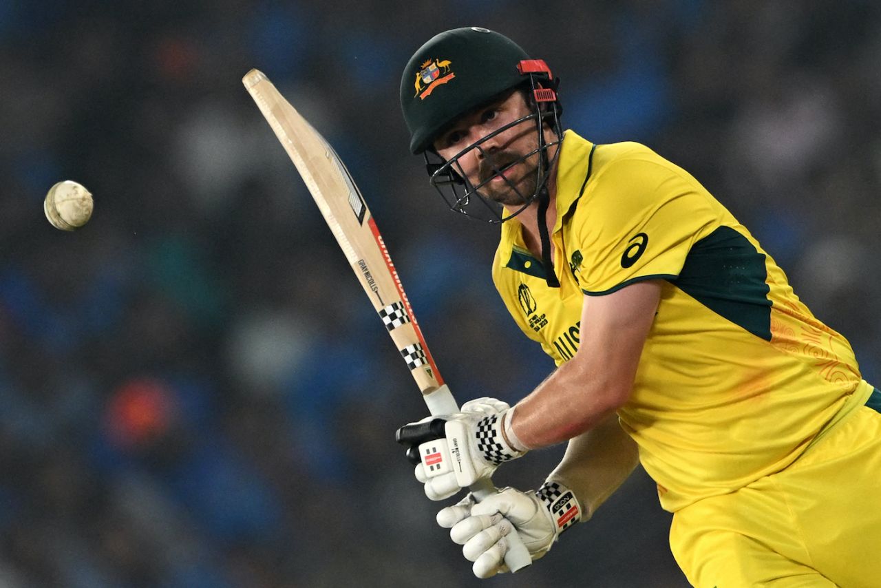 Travis Head careens it to the off side, India vs Australia, Men's ODI World Cup final, Ahmedabad, November 19, 2023