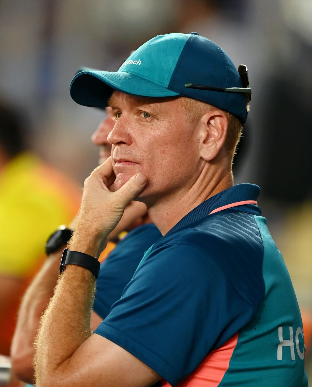 Andrew McDonald watches during the chase, India vs Australia, Men's ODI World Cup final, Ahmedabad, November 19, 2023