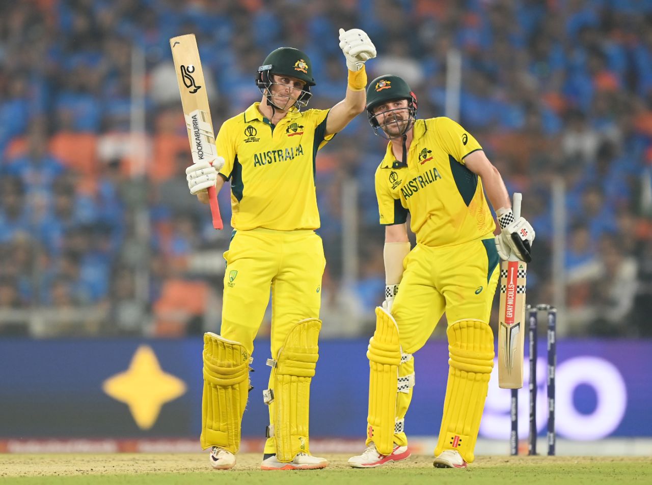 Marnus Labuschagne acknowledges the applause on registering a half-century in the World Cup final, India vs Australia, Men's ODI World Cup final, Ahmedabad, November 19, 2023