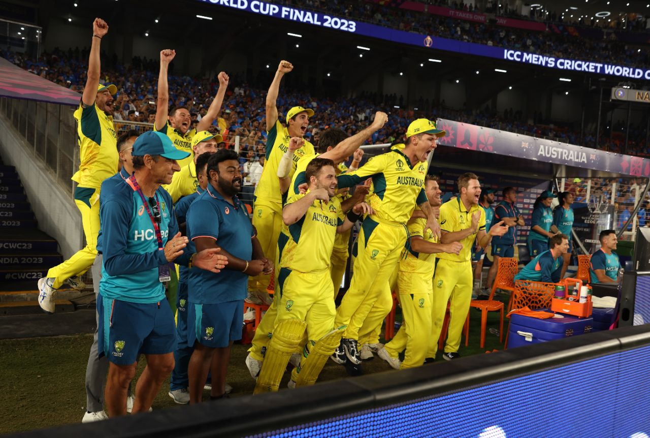 The Australian dugout explodes in joy as the winning runs are hit by Glenn Maxwell, India vs Australia, Men's ODI World Cup final, Ahmedabad, November 19, 2023