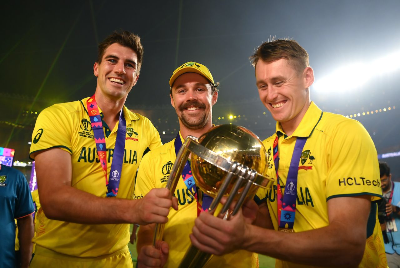 Captain Pat Cummins with Travis Head and Marnus Labuschagne, who put on 192 for the fourth wicket in the final, India vs Australia, Men's ODI World Cup final, Ahmedabad, November 19, 2023