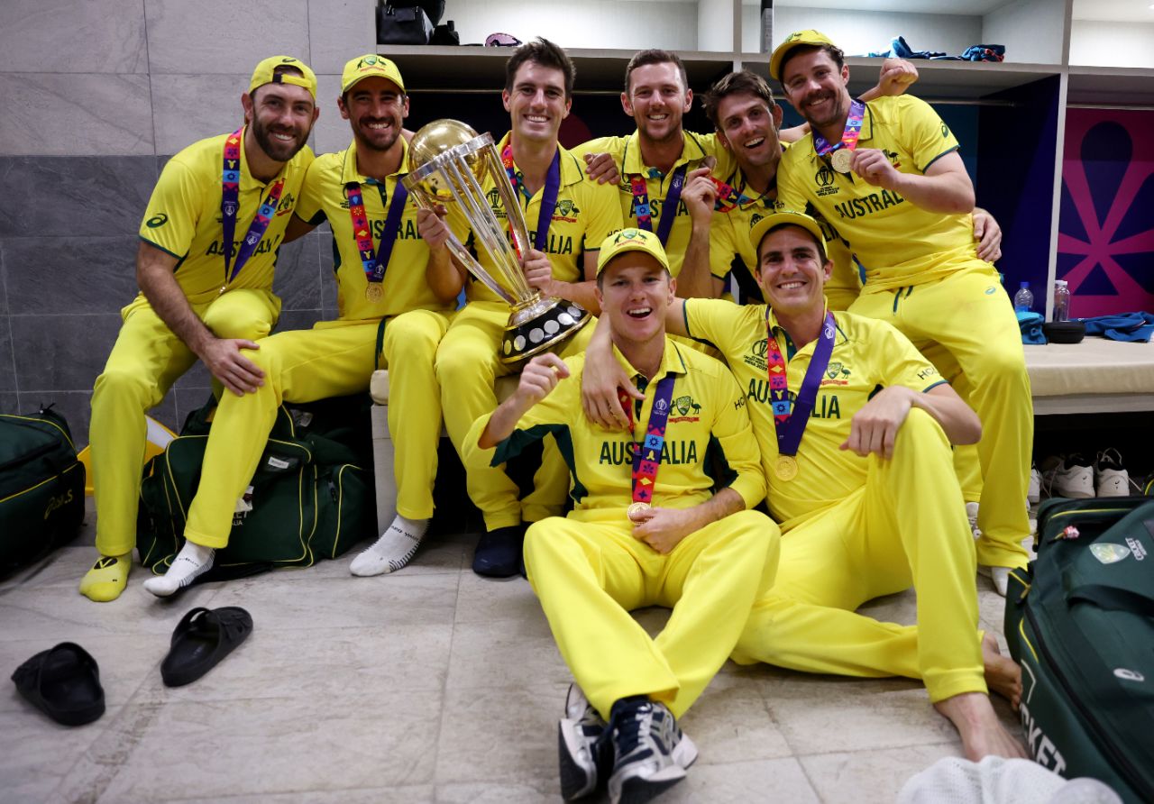 Australia's players kick back in the dressing room with their spoils, India vs Australia, Men's ODI World Cup final, Ahmedabad, November 19, 2023
