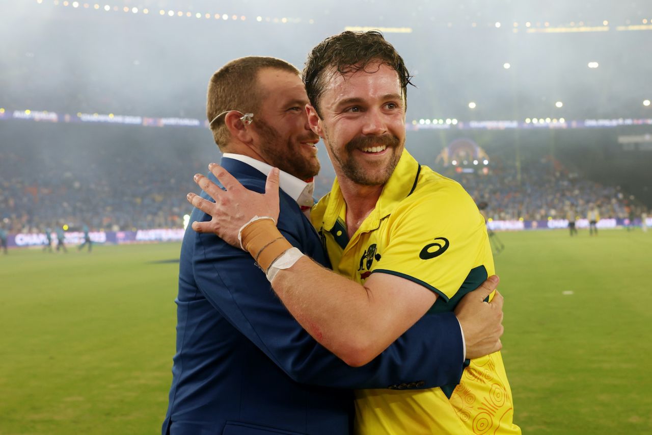 Aaron Finch congratulates Travis Head after Australia's win, India vs Australia, Men's ODI World Cup final, Ahmedabad, November 19, 2023