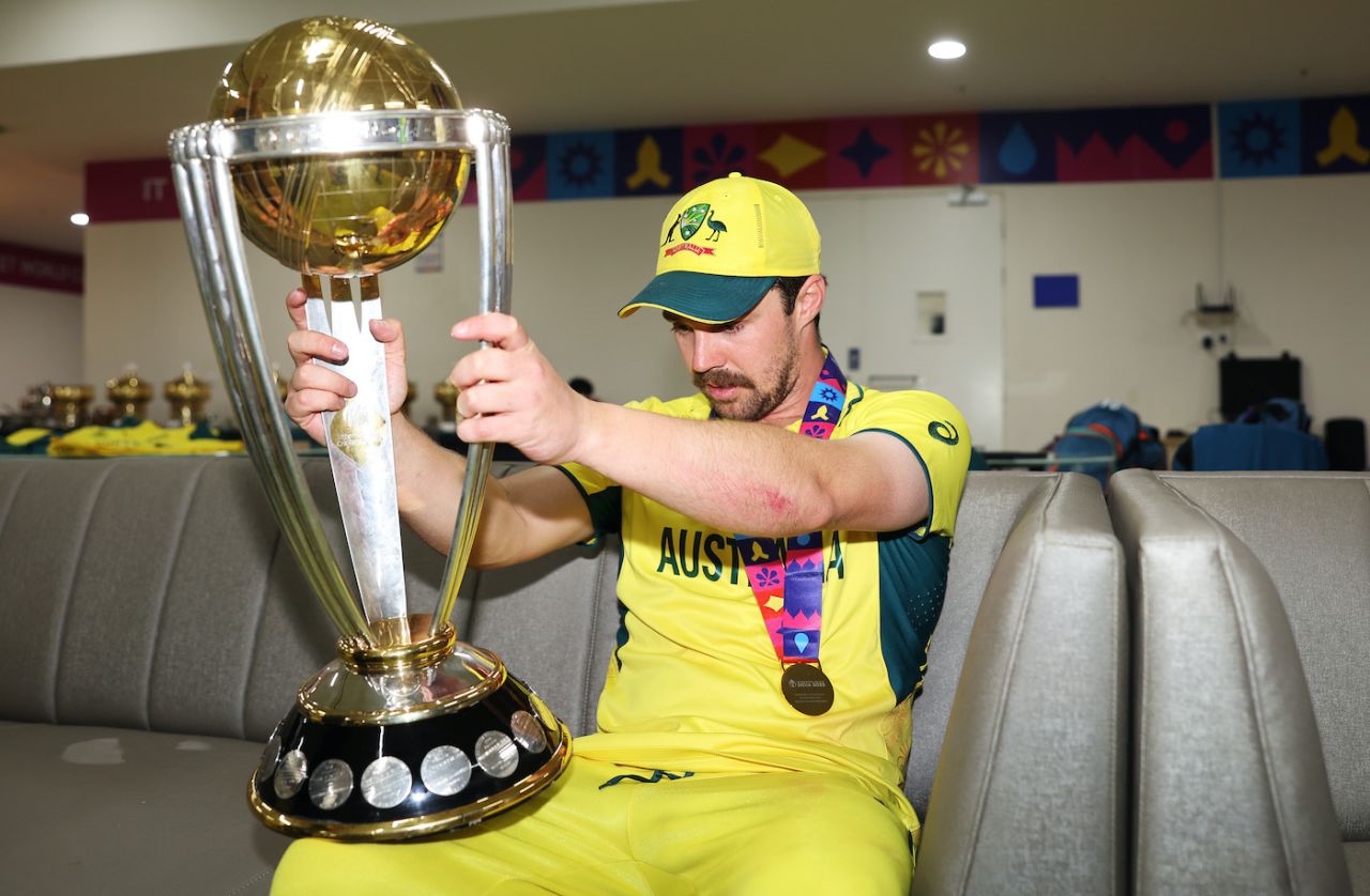 Travis Head sizes up the World Cup trophy, India vs Australia, Men's ODI World Cup final, Ahmedabad, November 19, 2023