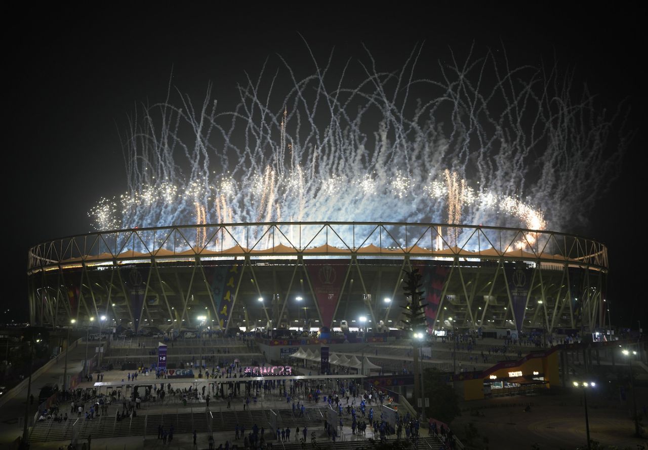 Fireworks go off at the Narendra Modi Stadium as Australia won the World Cup, India vs Australia, Men's ODI World Cup final, Ahmedabad, November 19, 2023