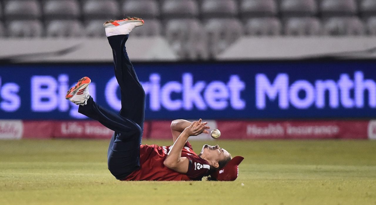 Natalie Sciver drops a catch which nearly hits her in the face, during the 4th T20I, England Women vs West Indies Women, at the County Ground, Derby, September 28, 2020