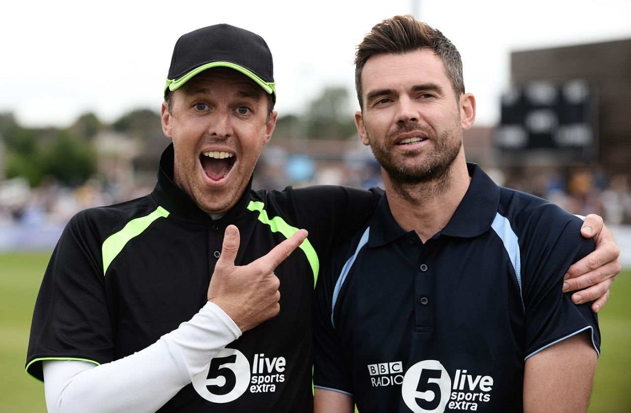 Graeme Swann and James Anderson pose during the TMS vs Tailenders match in Derby, August 17, 2018